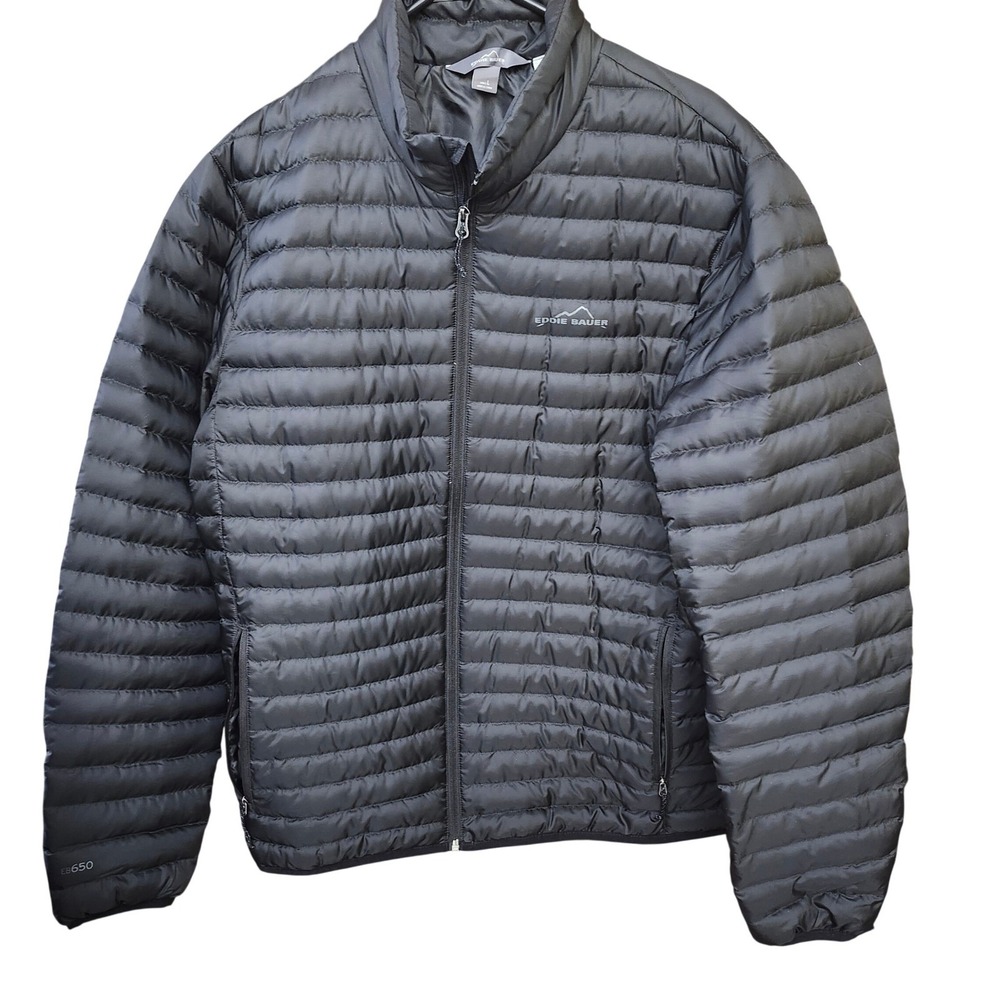 Eddie Bauer Mens EB650 Down Puffer Jacket Black Full Zip Quilted L Camping Warm